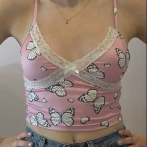 Y2K pink lace tank top with butterfly heart pattern #croptop #y2k #butterfly